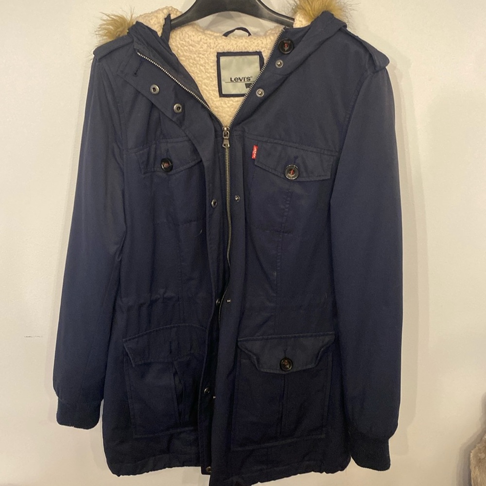 Levi's Navy Hooded Jacket with Faux Fur Trim